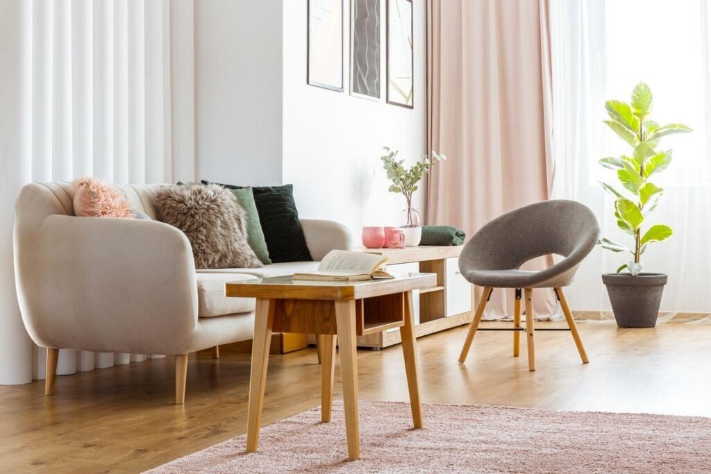 Kleines Wohnzimmer mit kompaktem Sofa und platzsparenden Möbeln